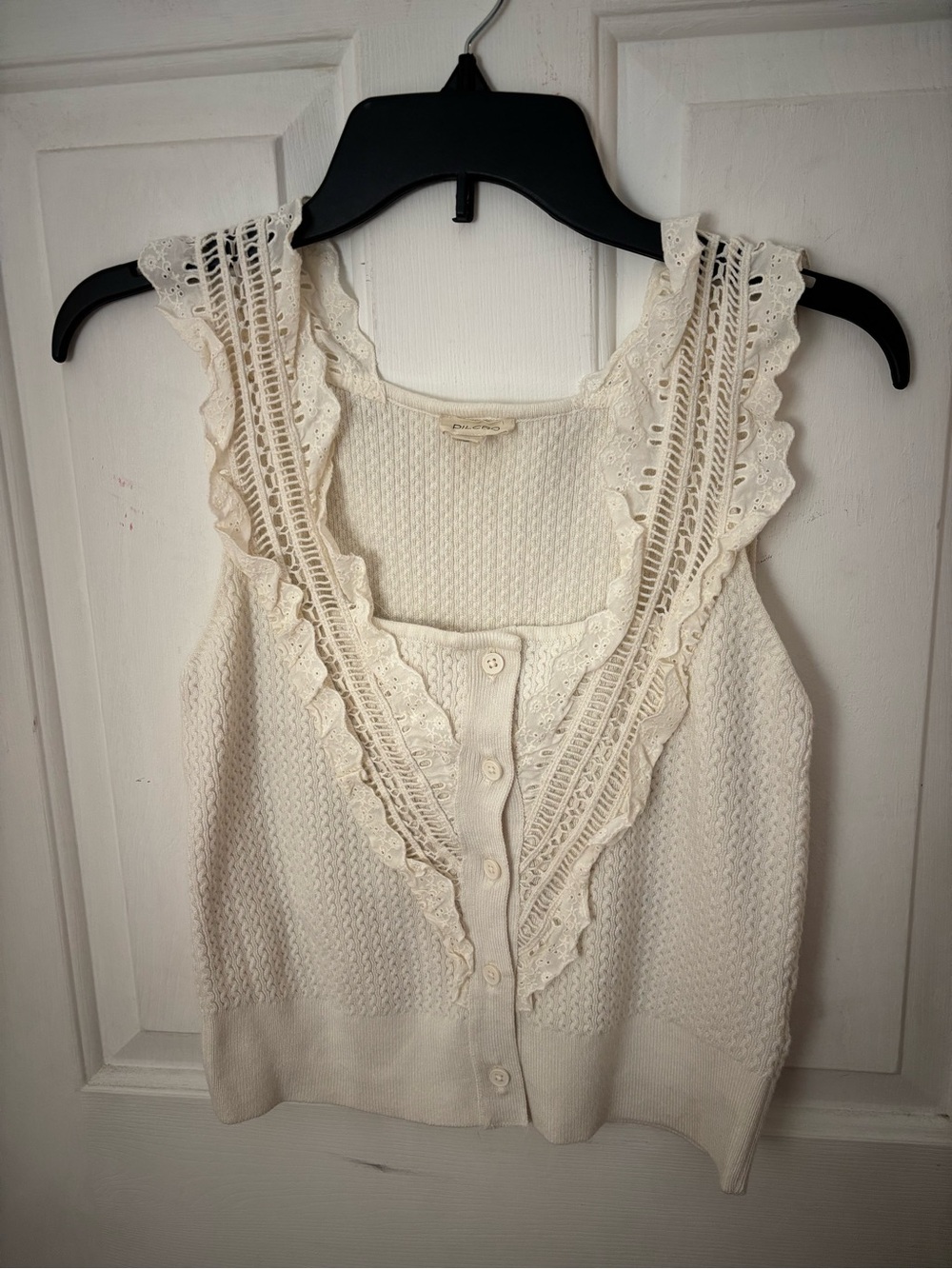 Pilcro Cream Lace-Trim Knit Button Tank